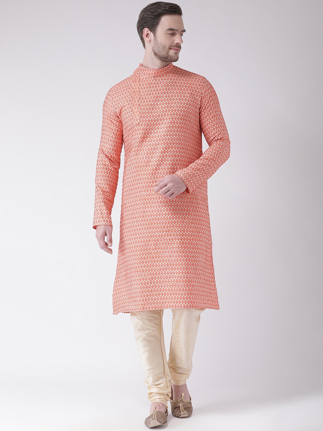 

DEYANN Men Orange & Cream-Coloured Woven Design Kurta with Churidar