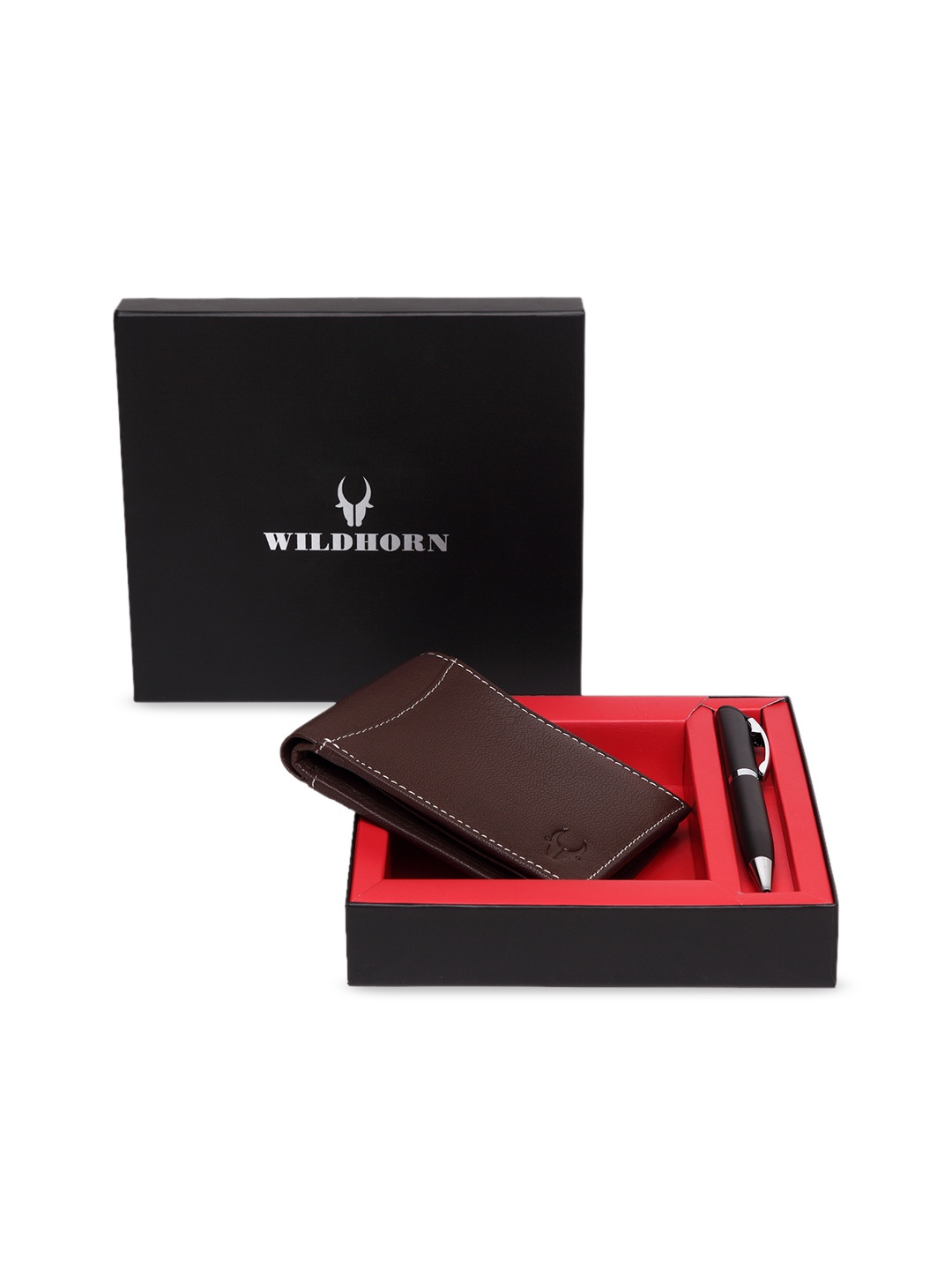 WildHorn Men Brown RFID Protected Genuine Leather Wallet & Pen Accessory Gift Set