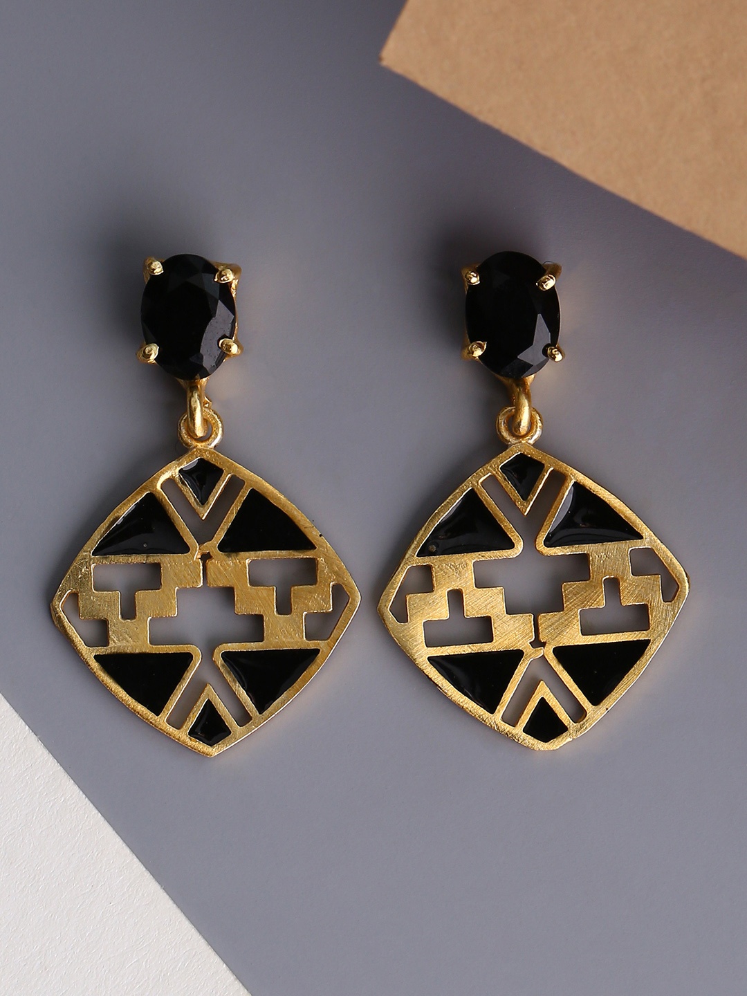 

Shoshaa Black Gold Plated Enamelled Geometric Drop Earrings
