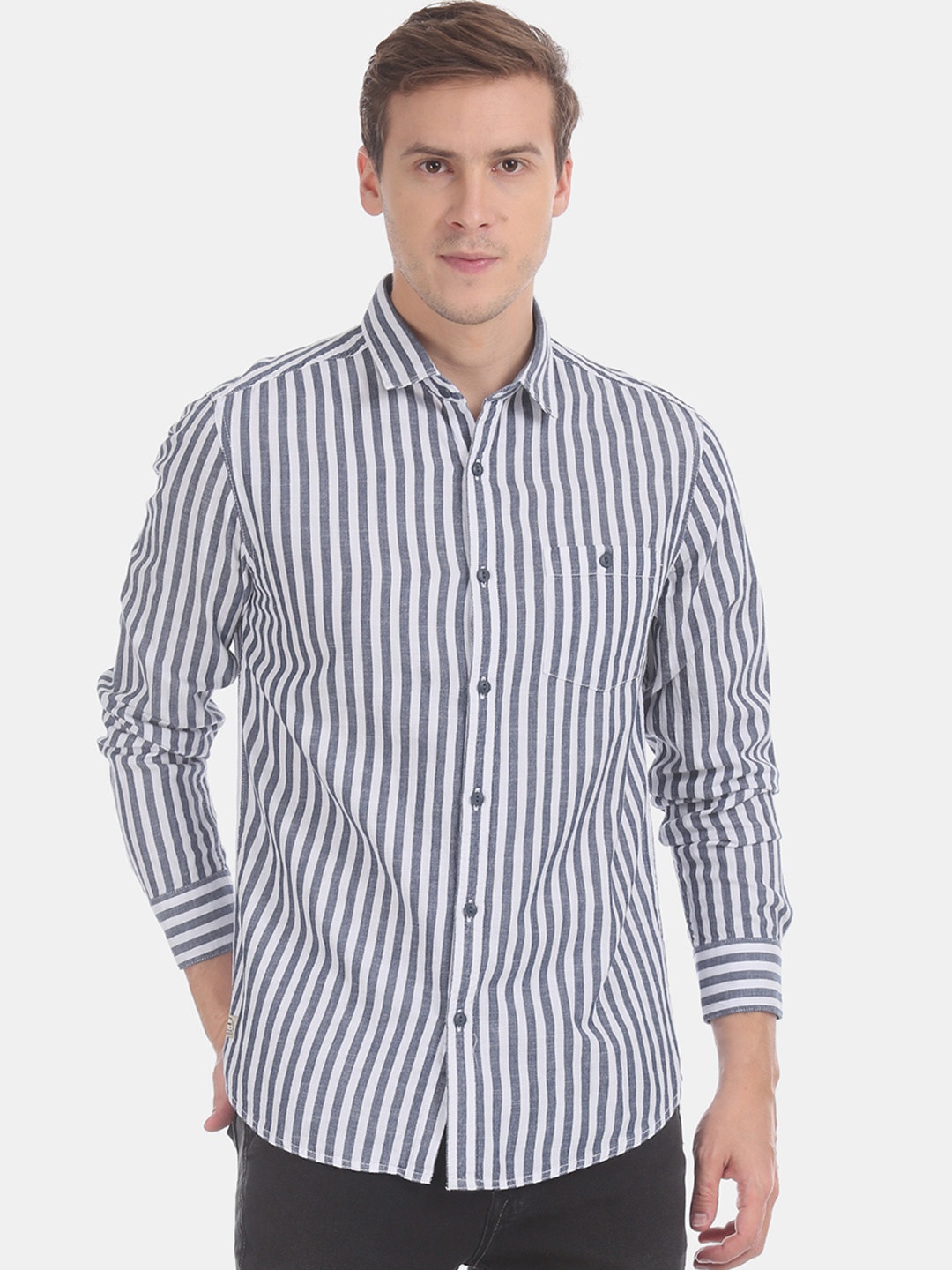 

Ed Hardy Men Navy Blue & White Regular Fit Striped Casual Shirt