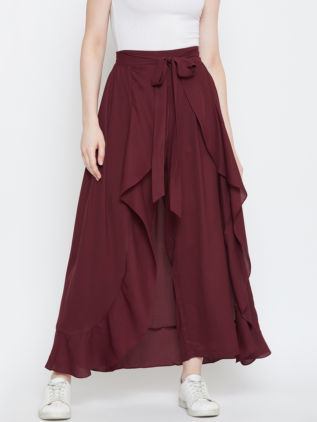La Zoire Women Maroon Solid Layered Straight Palazzos
