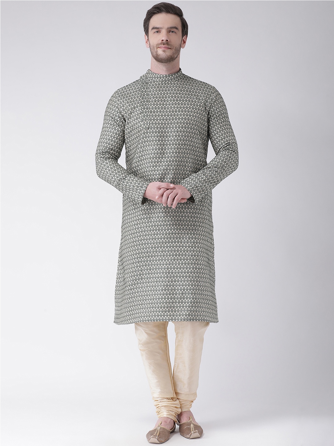 

DEYANN Men Green & Cream-Coloured Woven Design Kurta with Churidar
