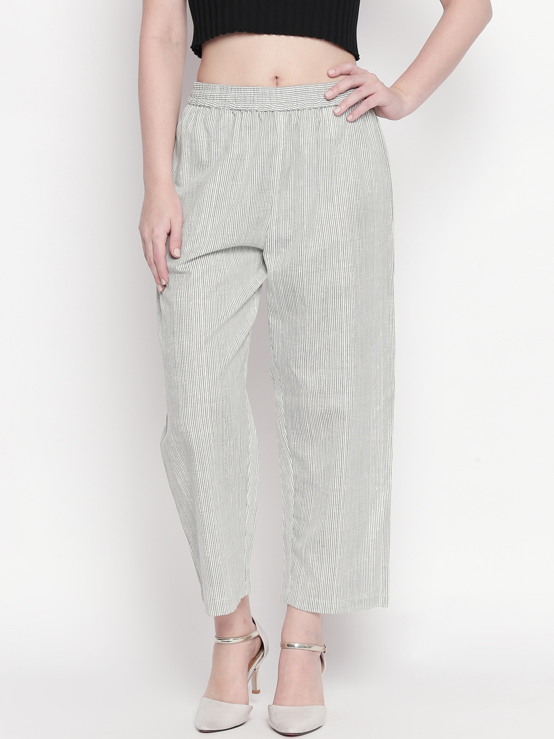 

RANGMANCH BY PANTALOONS Women Off-White & Grey Striped Regular Trousers