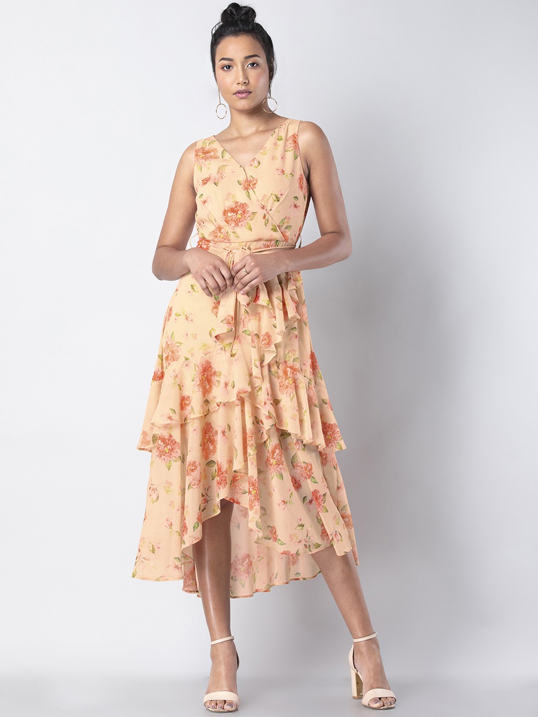 

FabAlley Women Orange & Green Printed Wrap Dress