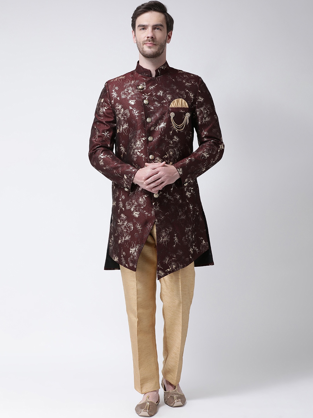 

SG RAJASAHAB Men Maroon & Brown Sherwani Set