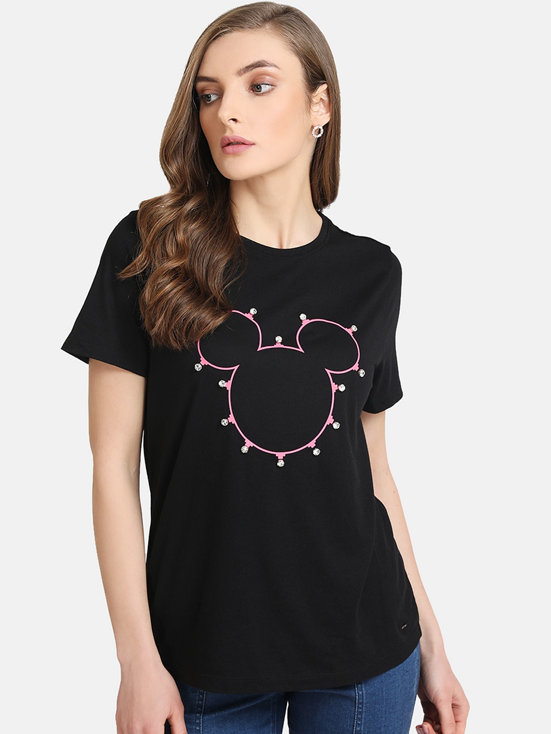 

Kazo Women Black & Pink Mickey Mouse Printed Round Neck T-shirt