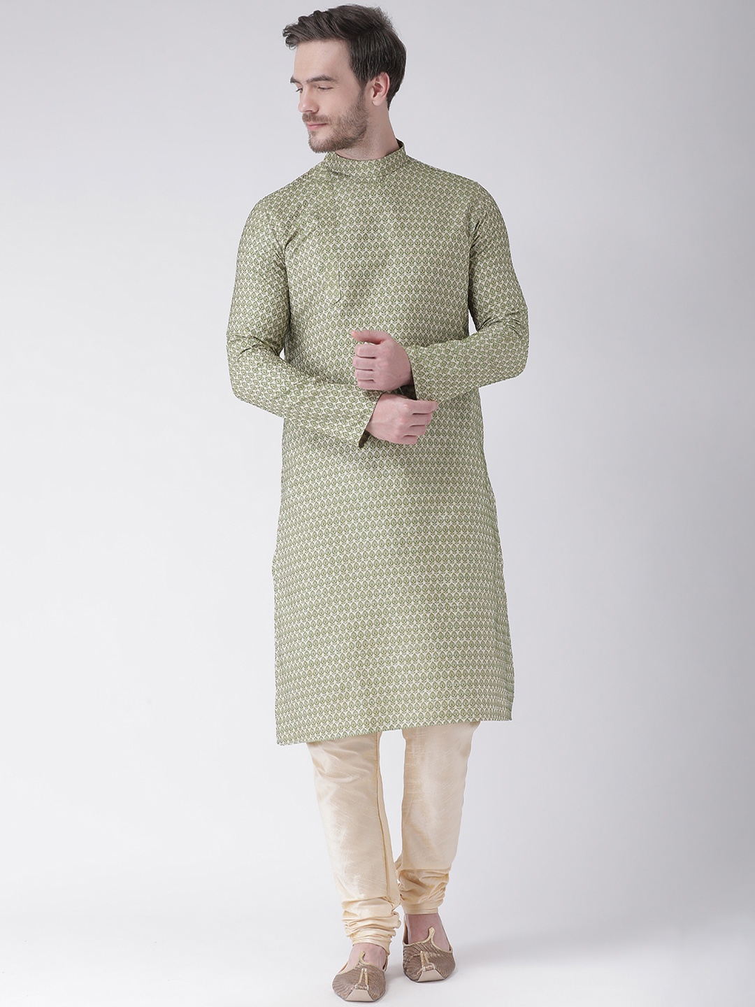 

DEYANN Men Green & Cream-Coloured Printed Straight Kurta