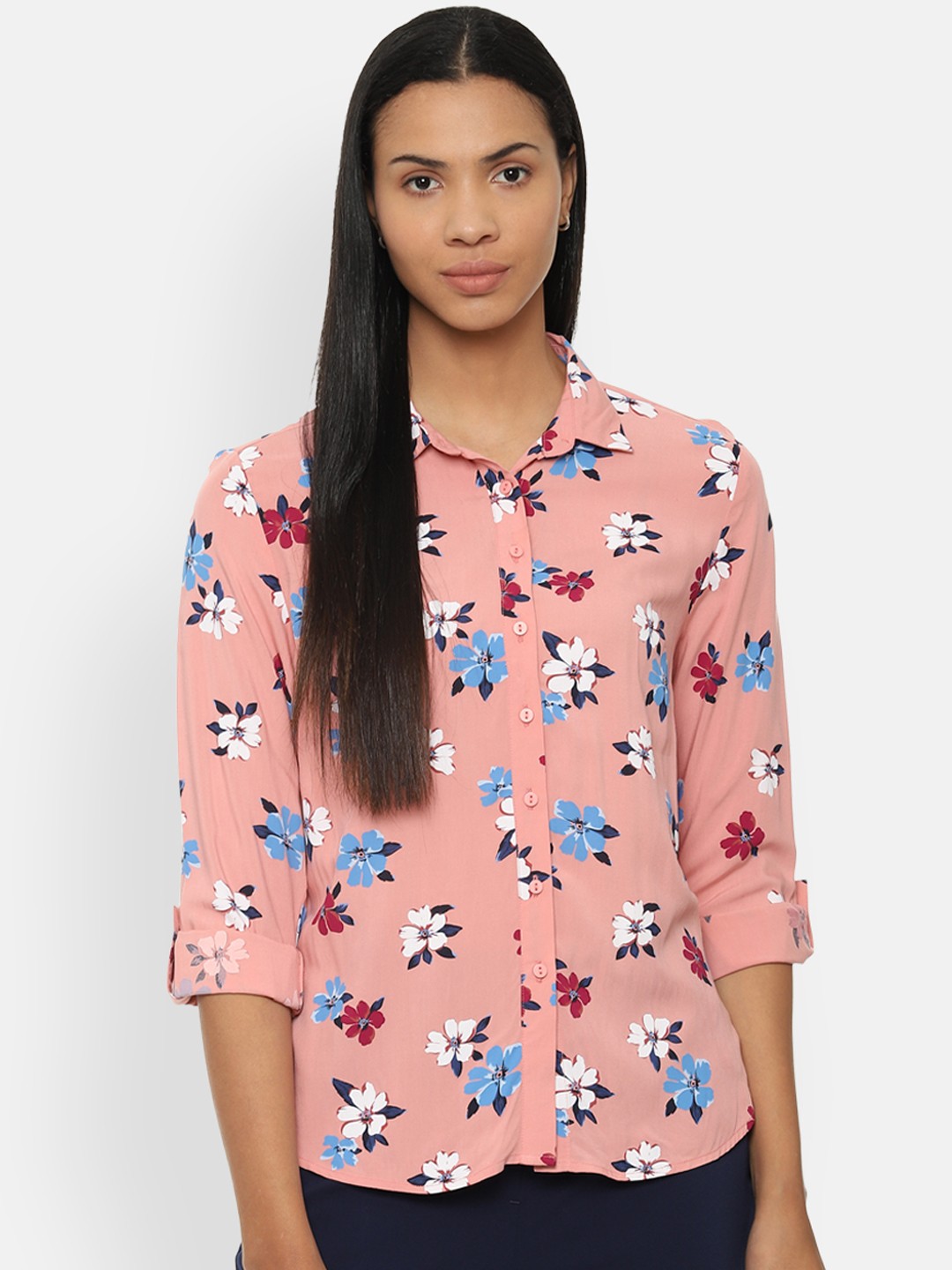 

Van Heusen Woman Peach-Coloured & Blue Regular Fit Printed Casual Shirt