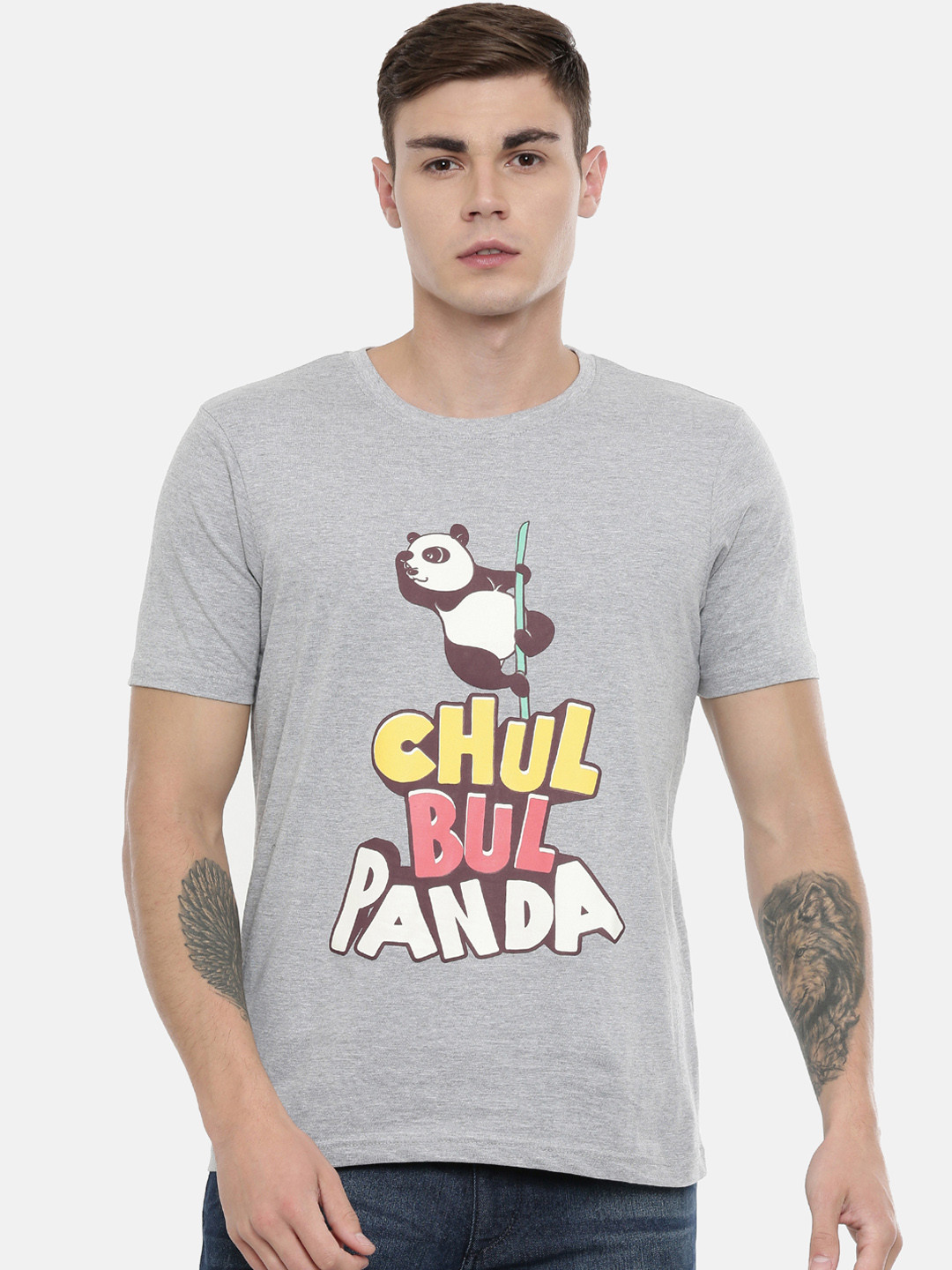 

Bushirt Men Grey White Printed Round Neck Pure Cotton T-shirt