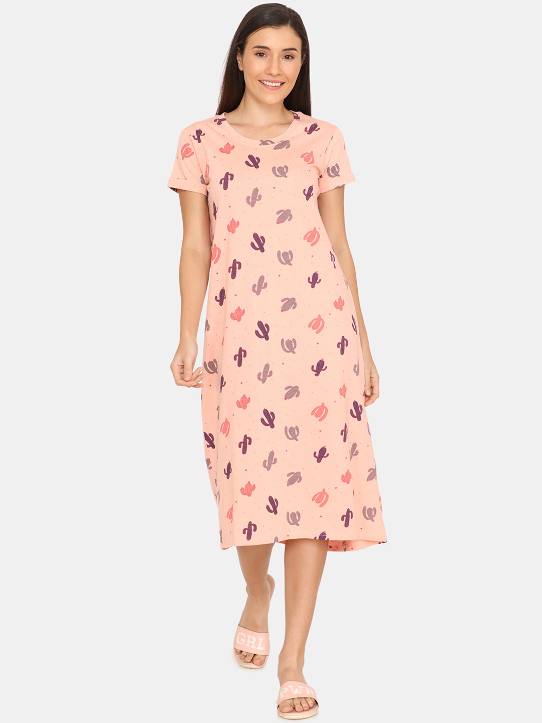 

Zivame Women Peach-Coloured Printed Nightdress