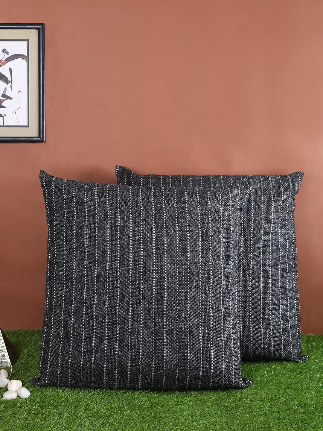 

ROMEE Black Set of 2 Striped Square Cushion Covers