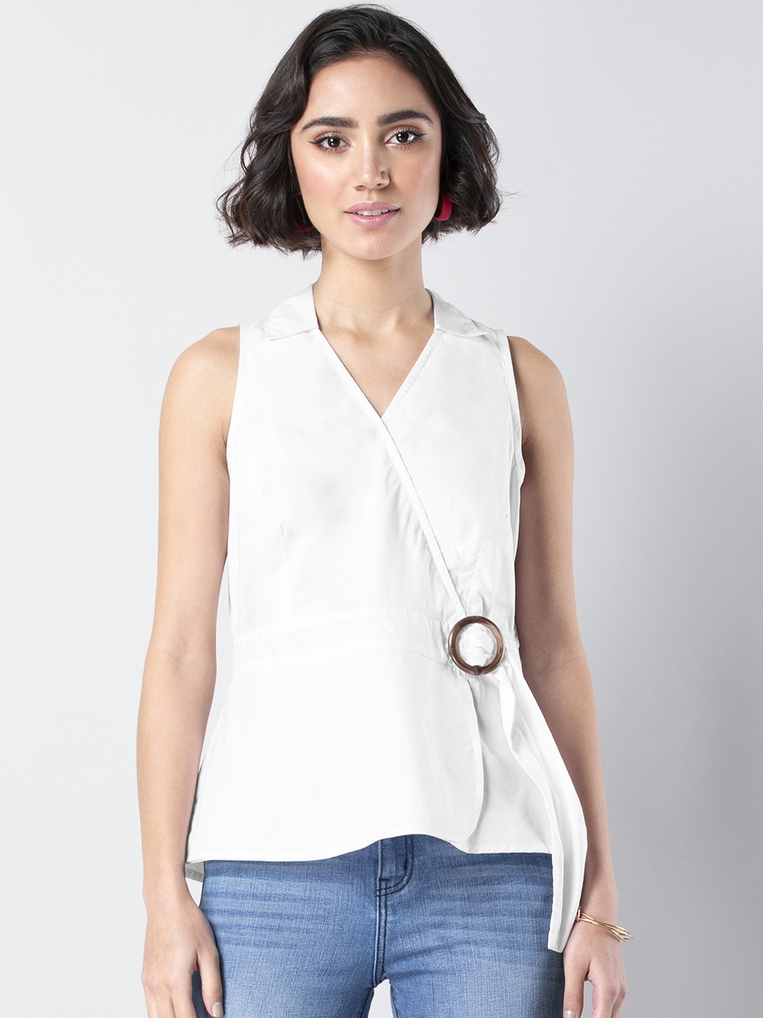 

FabAlley Women White Solid Wrap Top