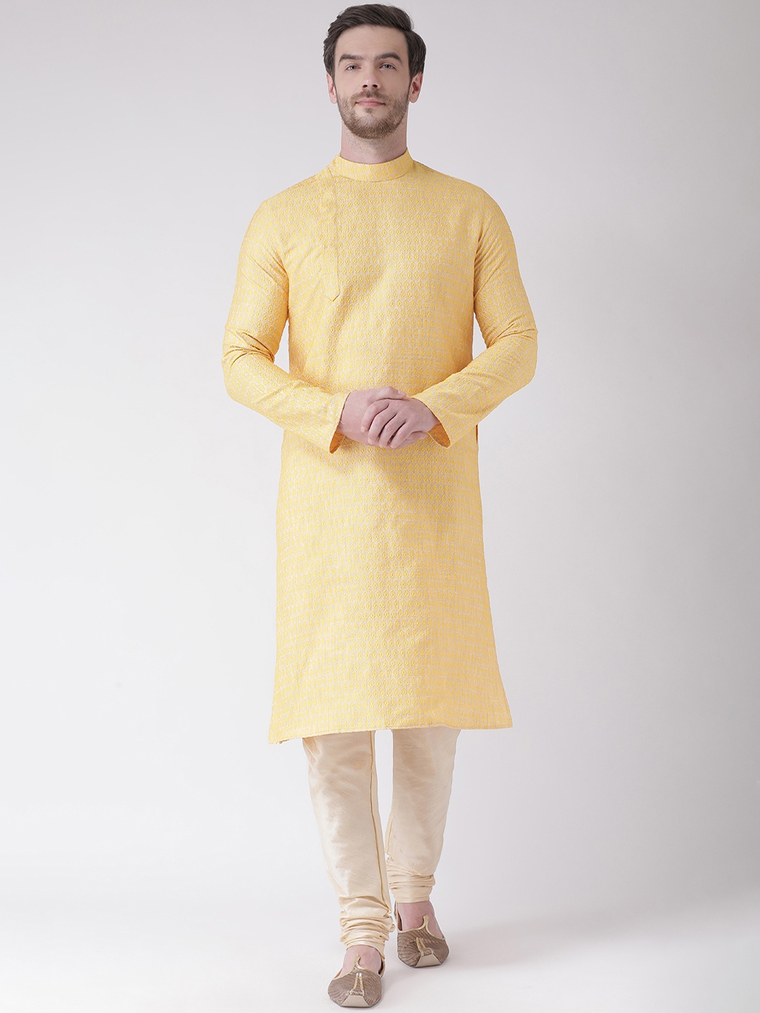 

DEYANN Men Yellow & Cream-Coloured Woven Design Kurta with Churidar