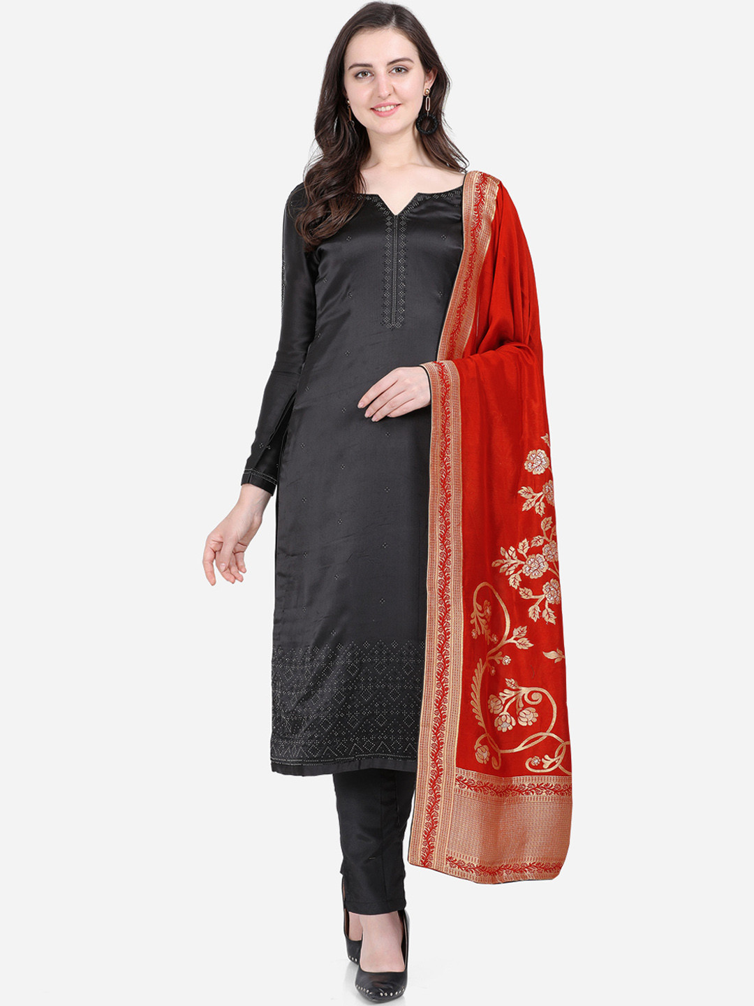 

Stylee LIFESTYLE Black & Red Satin Semi-Stitched Dress Material