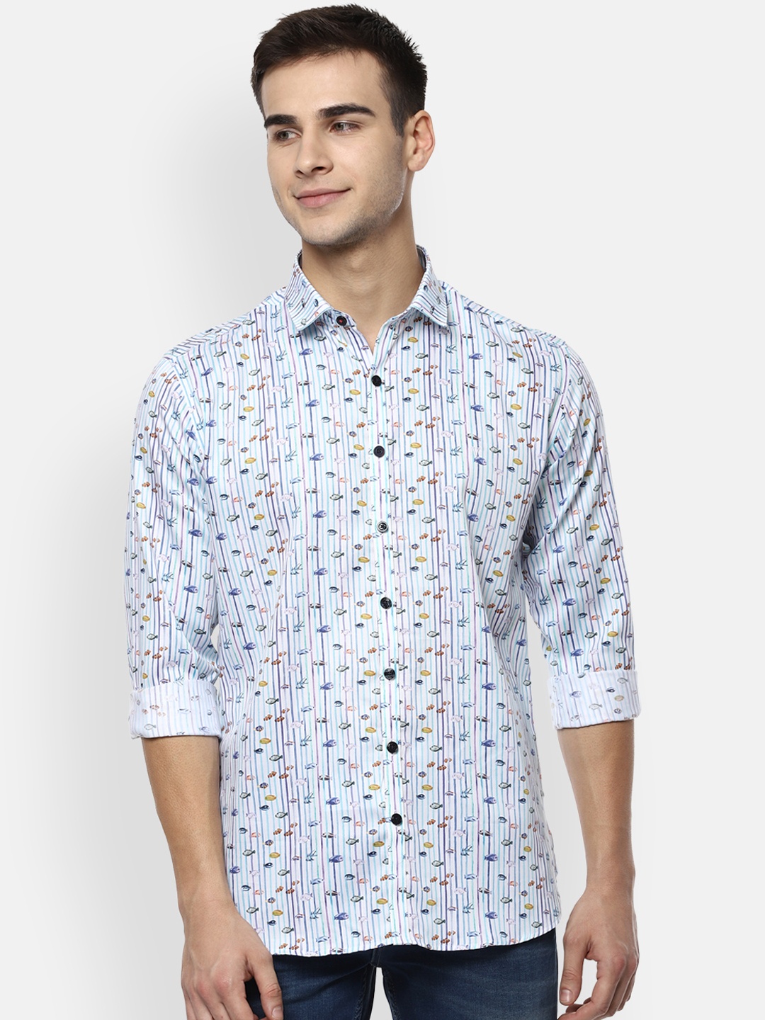 

V Dot Men Blue Slim Fit Printed Casual Shirt