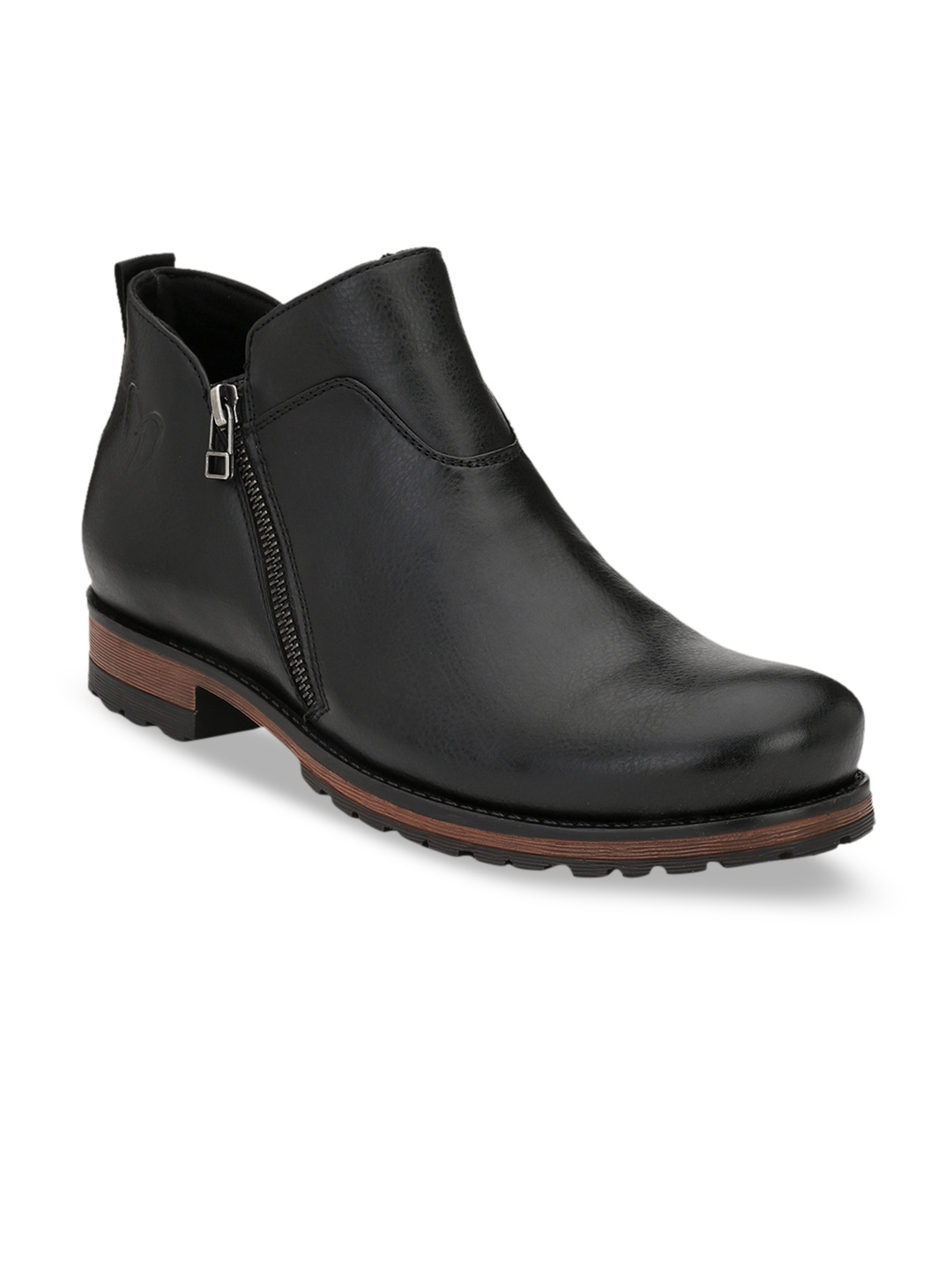 Delize Men Black Solid Synthetic Leather Mid-Top Flat Boots