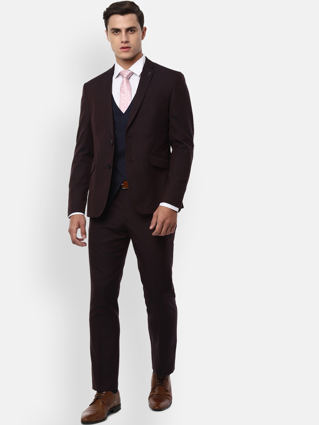 

V Dot Men Maroon & Blue Self-Design Skinny-Fit Single-Breasted Formal Suit