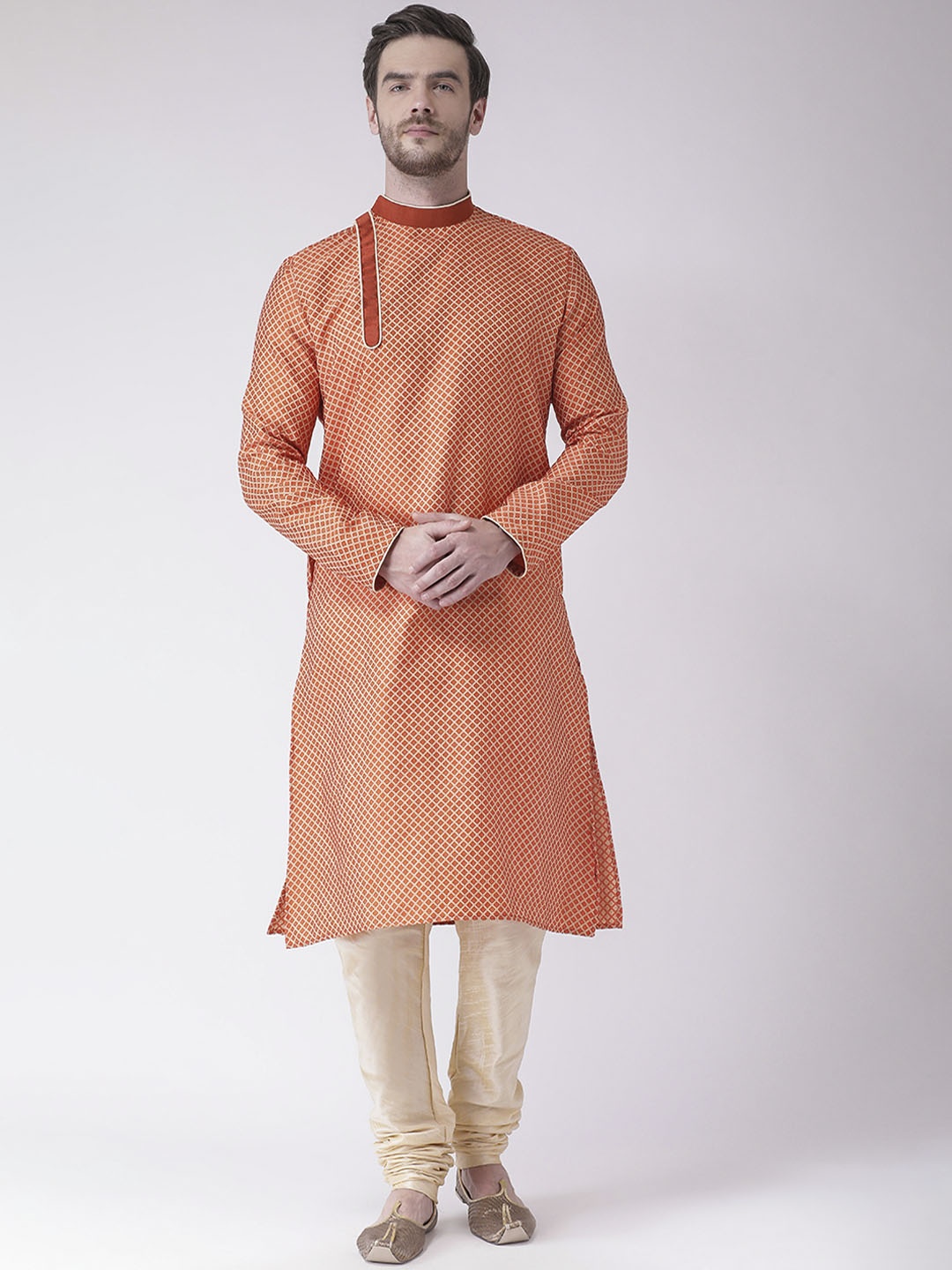 

DEYANN Men Orange & Cream-Coloured Self Design Kurta with Churidar