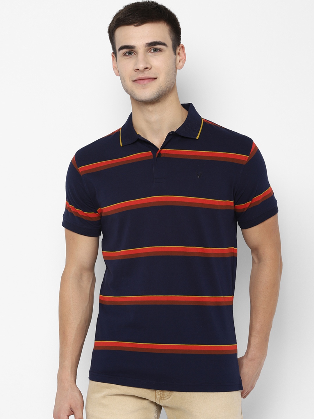 

Allen Solly Men Navy Blue Striped Polo Collar Pure Cotton T-shirt