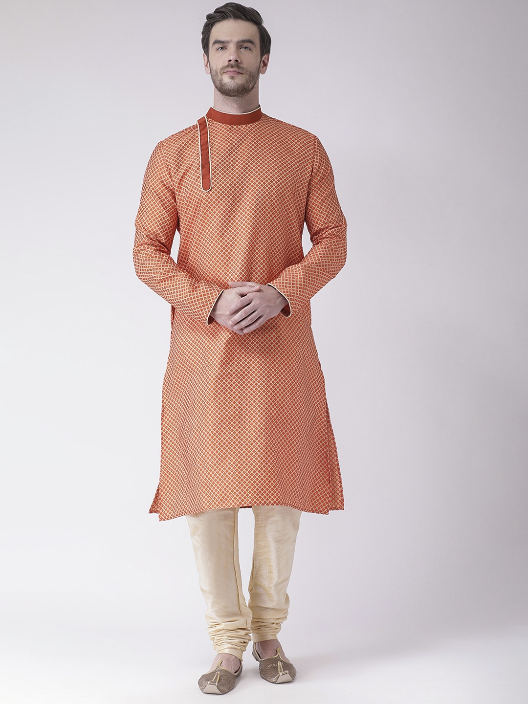 

DEYANN Men Orange Woven Design Jacquard Straight Kurta