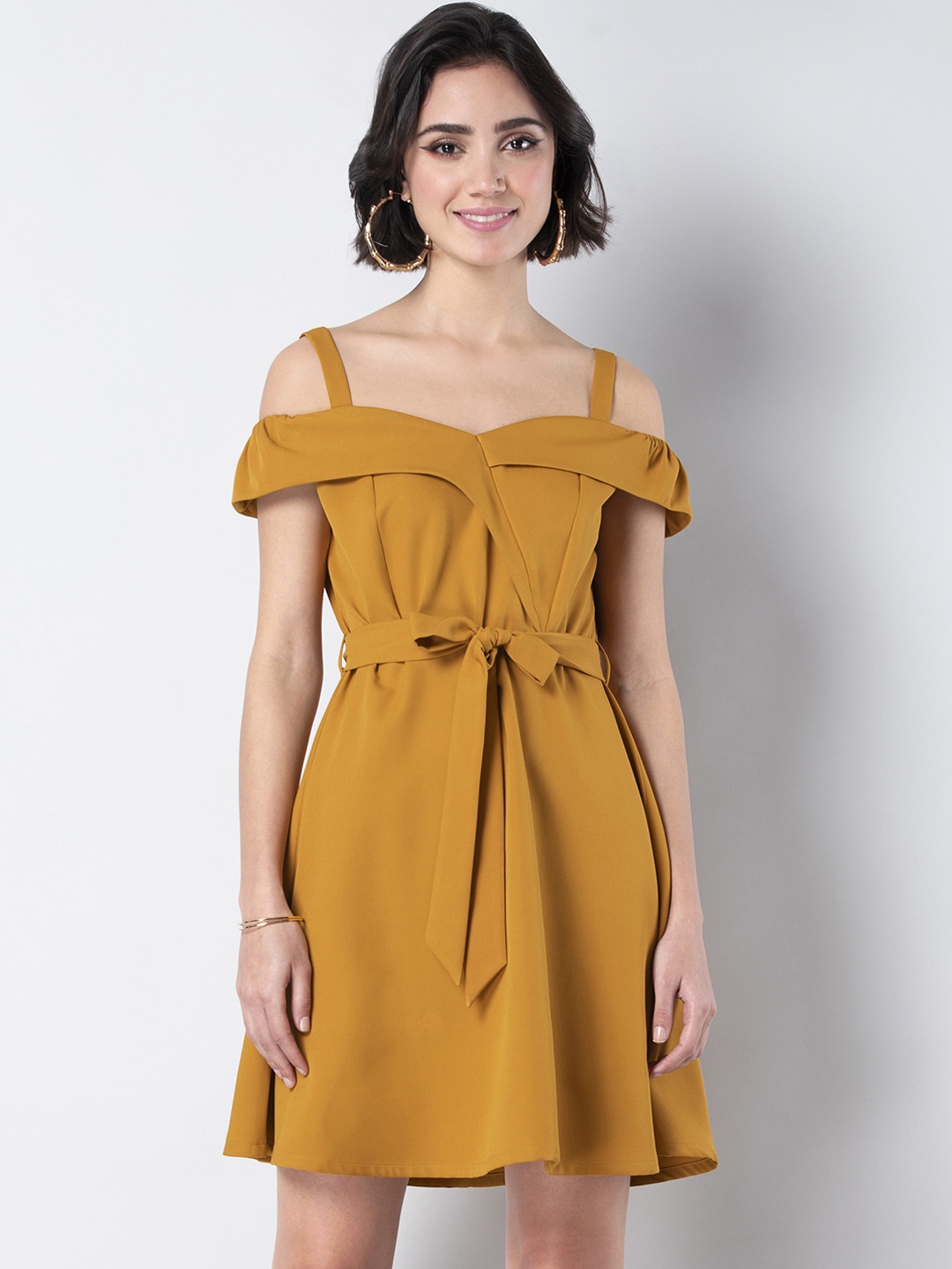 

FabAlley Women Mustard Yellow Solid Fit and Flare Dress
