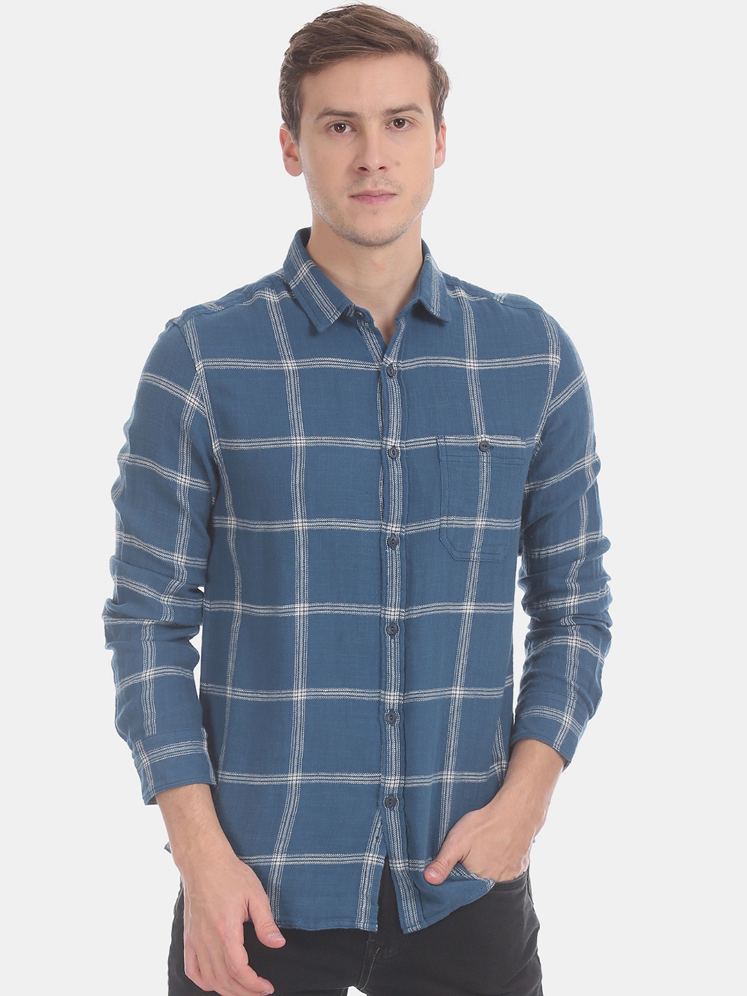 

Ed Hardy Men Blue & White Regular Fit Checked Casual Shirt