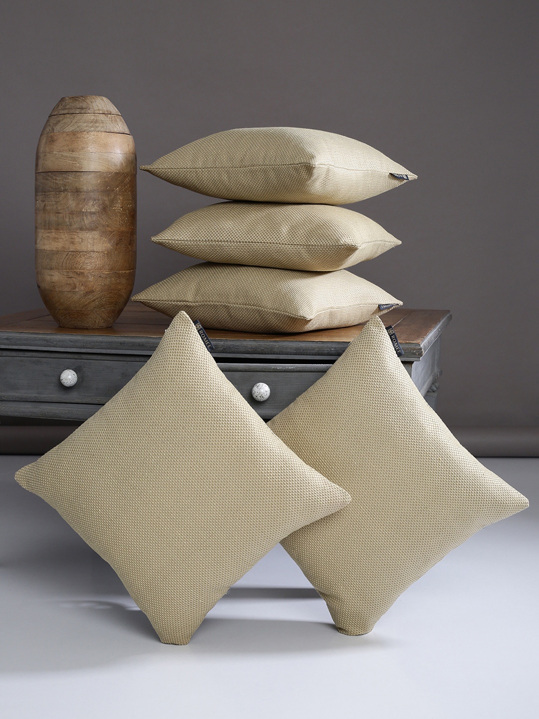 ROMEE Beige Set of 5 Self Design Square Cushion Covers