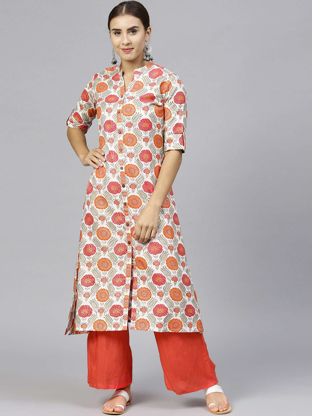 

Varanga Women White & Orange Printed Straight Kurta