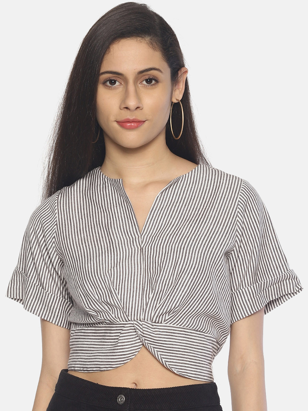 

AARA Women Taupe & White Striped Crop Top