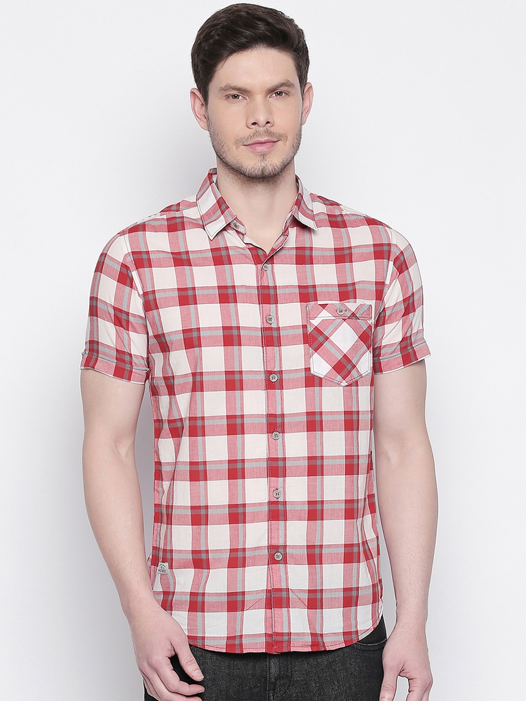 

Mufti Men Red & Cream-Coloured Slim Fit Checked Casual Shirt
