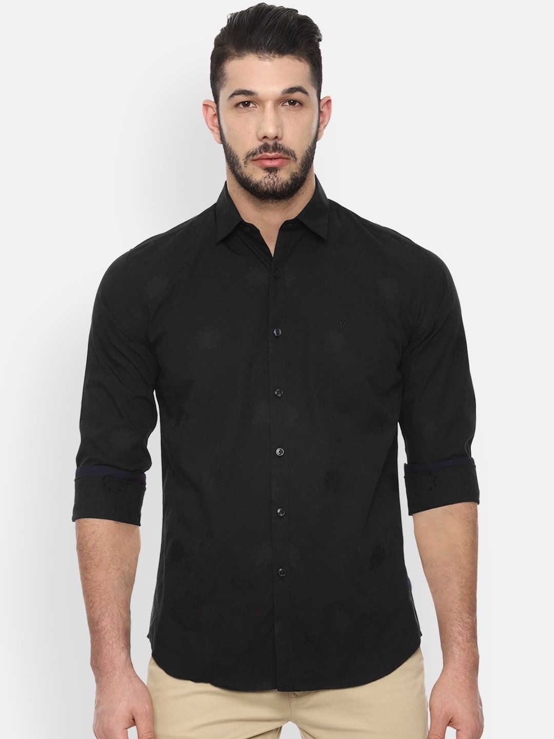 

V Dot Men Black Slim Fit Printed Casual Shirt