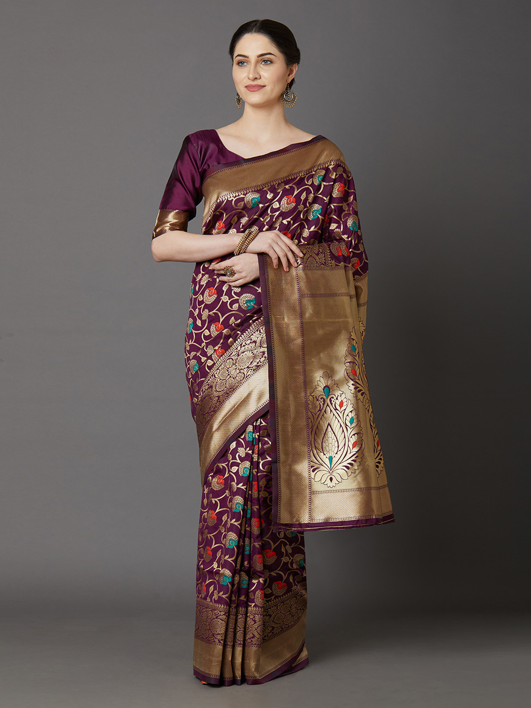 

Mitera Burgundy & Golden Woven Design Banarasi Saree
