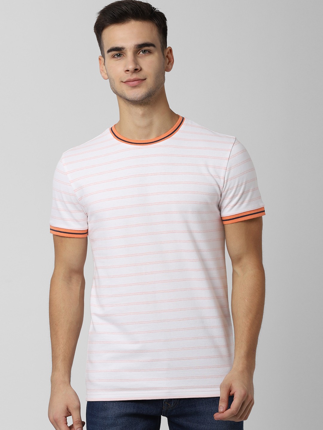 

Peter England Casuals Men White Pink Striped Slim Fit Round Neck Pure Cotton T-shirt