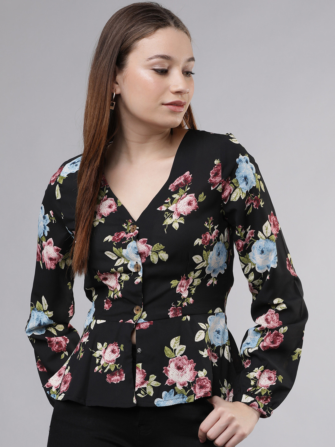 

Tokyo Talkies Women Black Printed Peplum Top