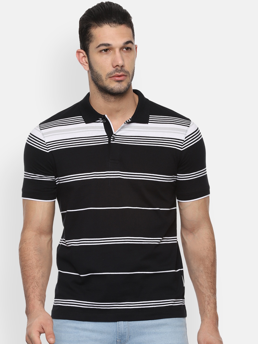 

Van Heusen Men Black White Striped Polo Collar Pure Cotton T-shirt