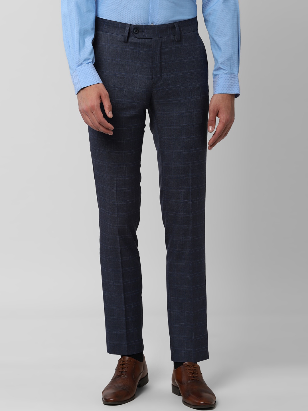 Peter England Men Navy Blue Slim Fit Checked Regular Trousers