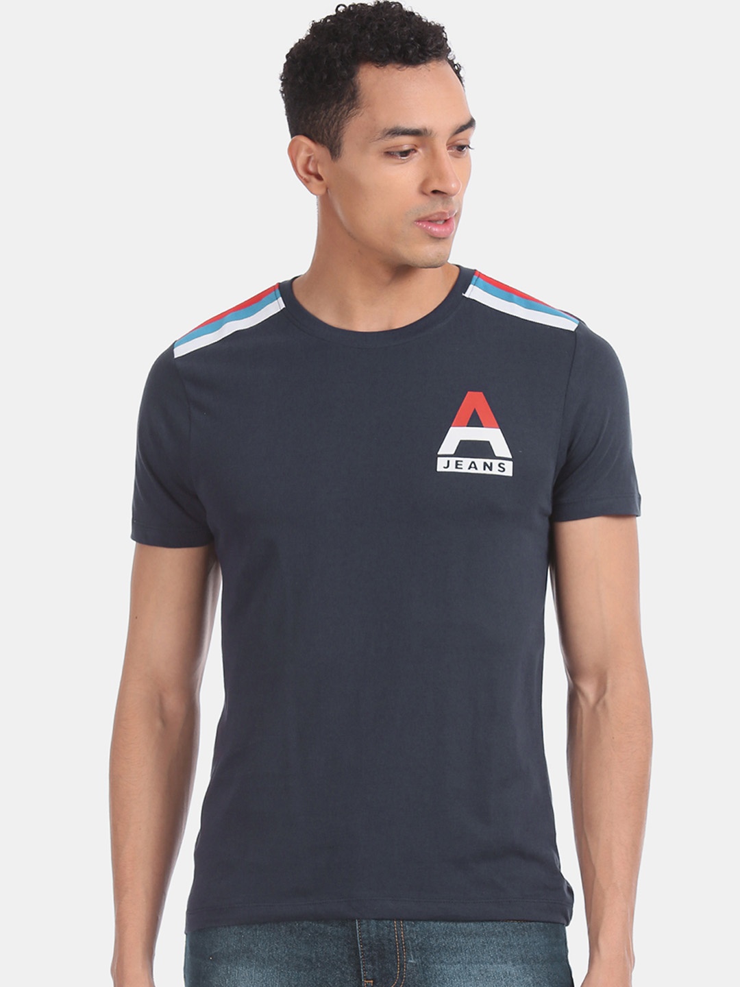 

Aeropostale Men Navy Blue Printed Round Neck Pure Cotton T-shirt