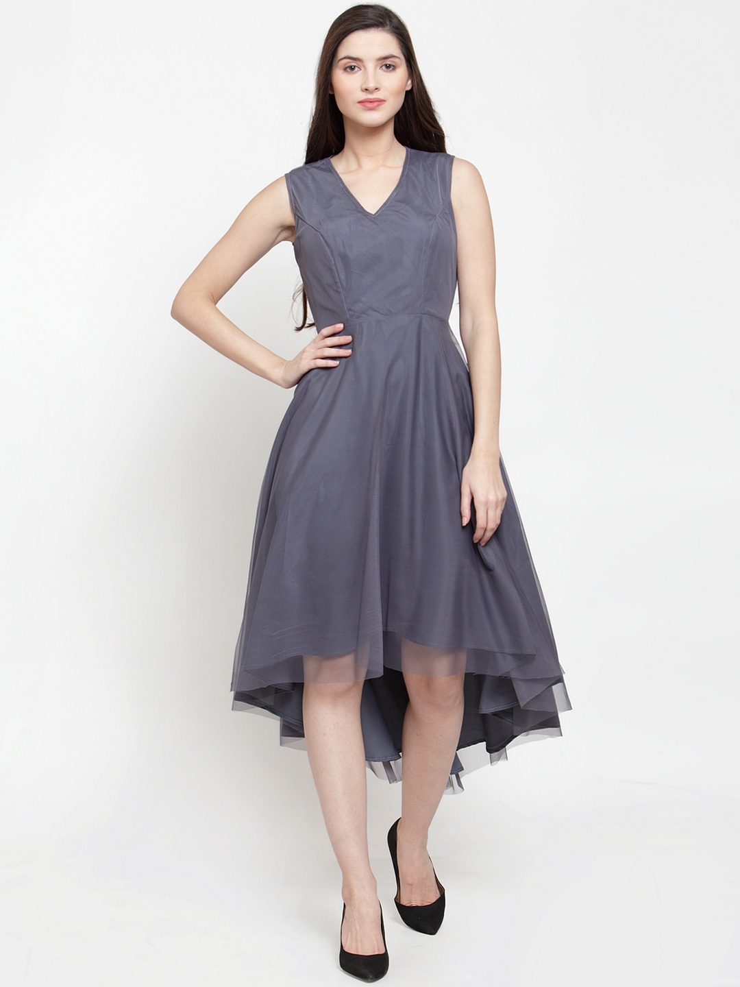 

Just Wow Women Grey Solid Net Fit & Flare Dress