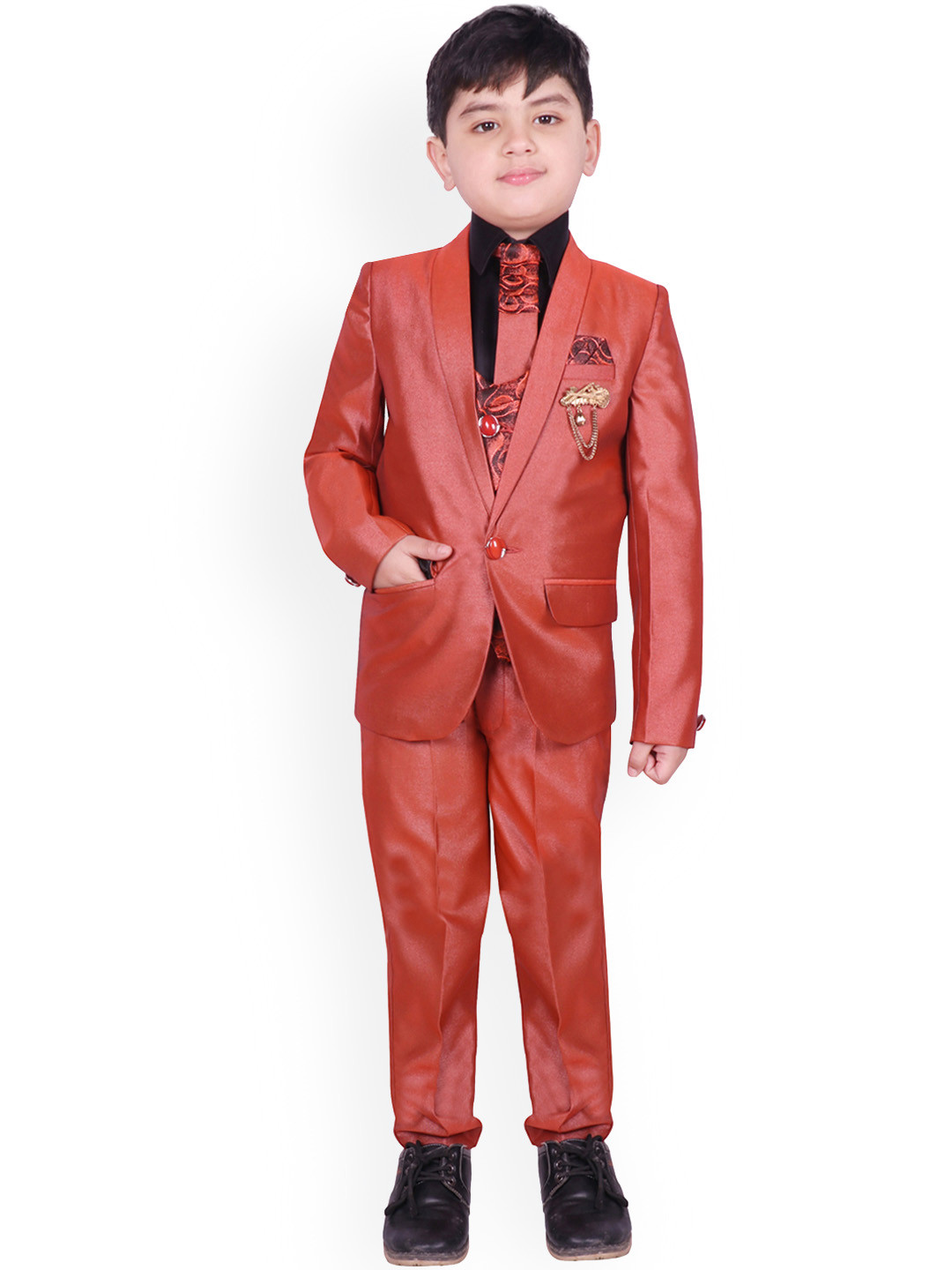 

SG YUVRAJ Boys Rust-Coloured Solid Tuxedo Suit