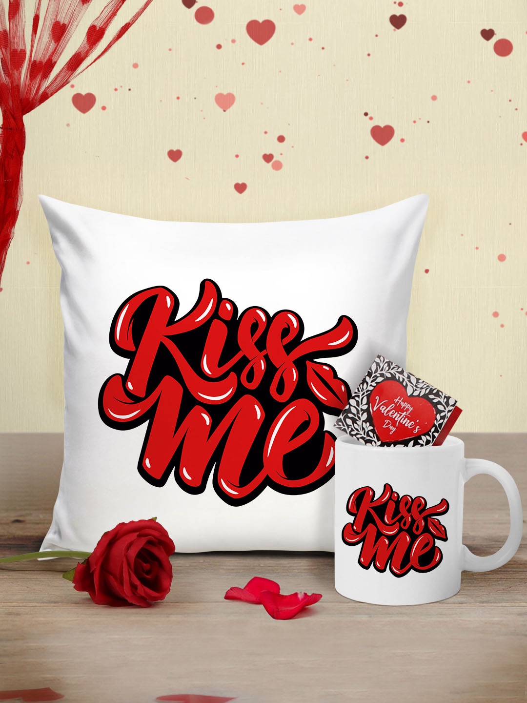 

Tied Ribbons White & Red Valentine Cushion with Mug, Rose and Mini Card