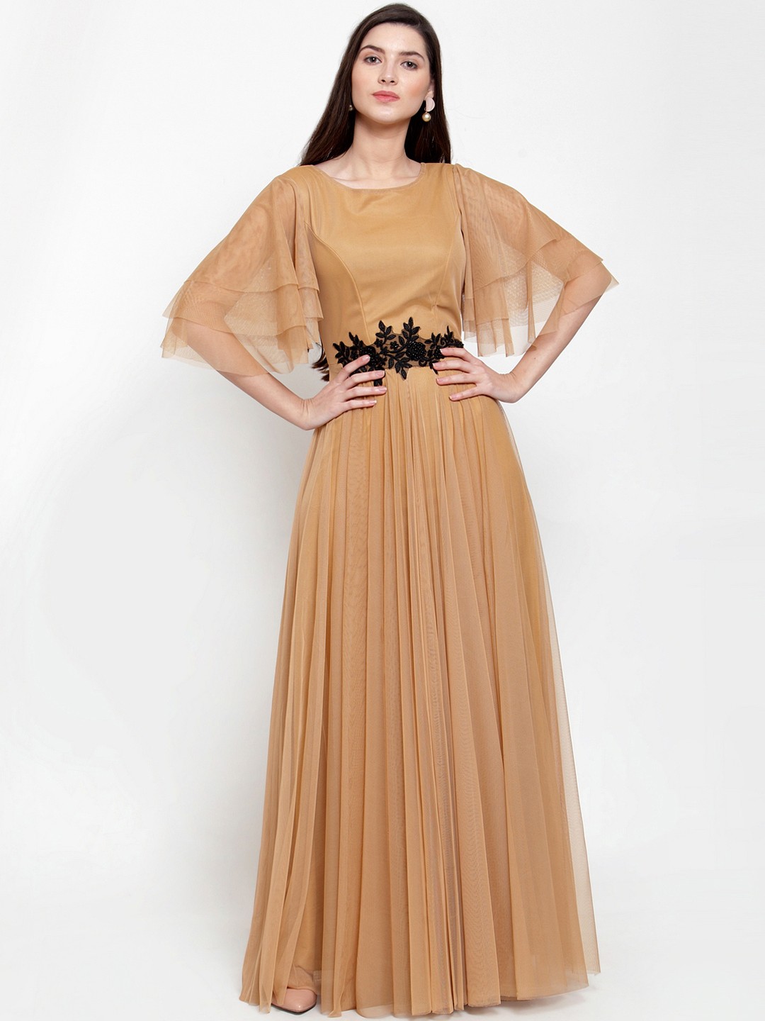 

Just Wow Women Beige Solid Net Maxi Dress