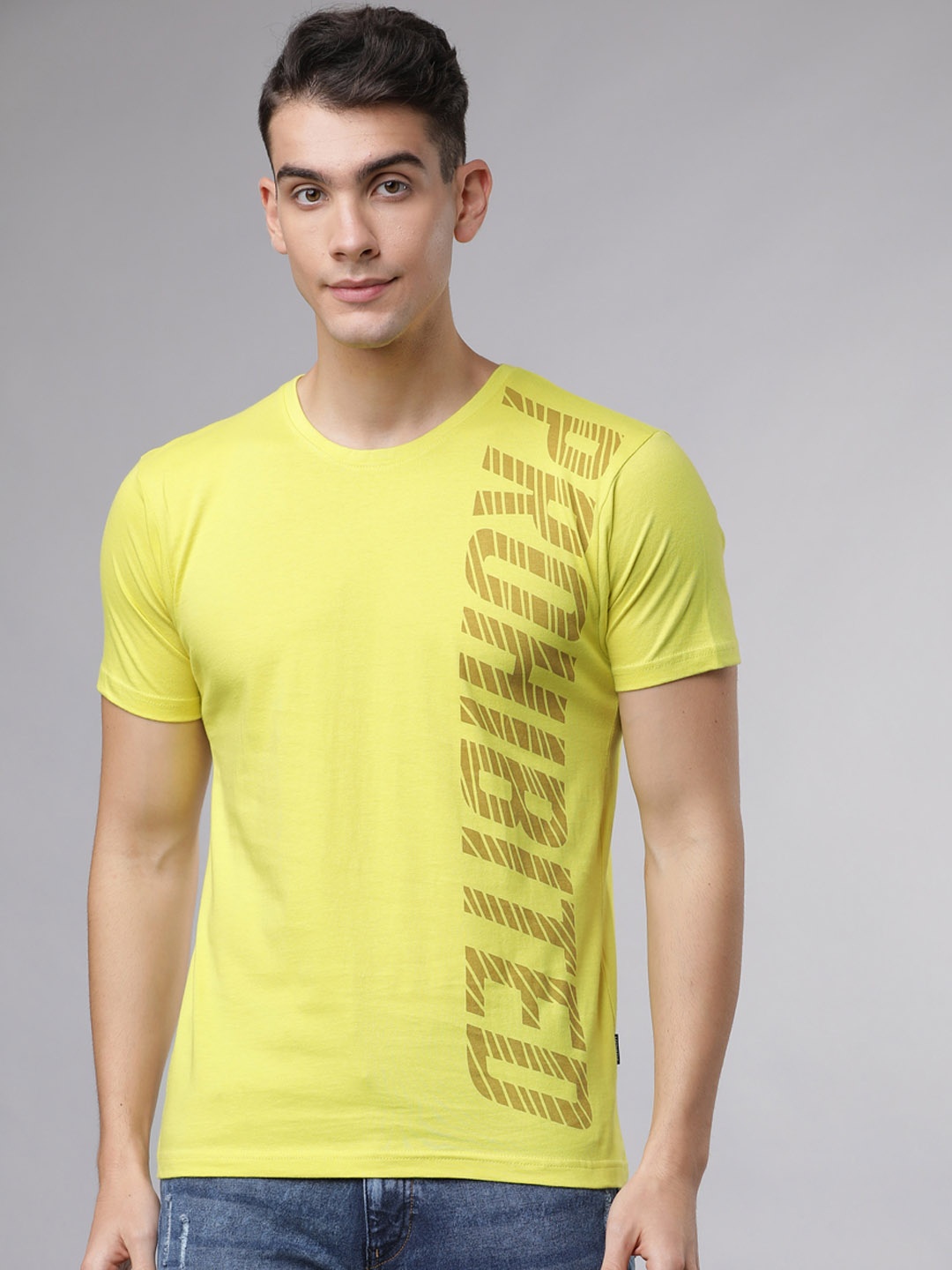

LOCOMOTIVE Men Lime Green & Brown Printed Round Neck T-shirt