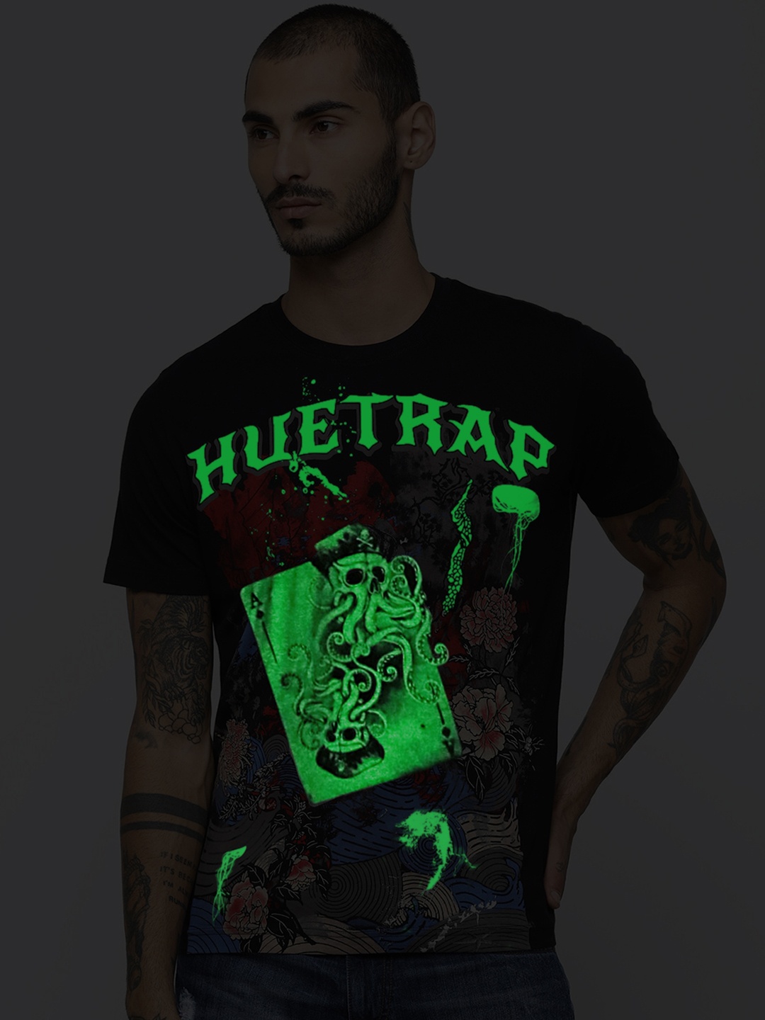 Huetrap Men Black & White Glow in the Dark Printed Round Neck T-shirt