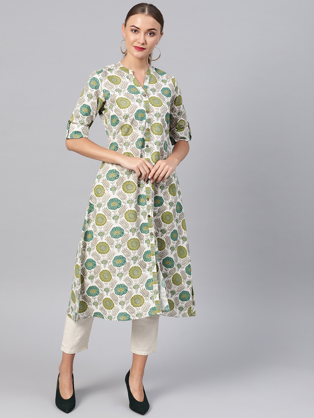 

Varanga Women White & Green Printed A-Line Kurta
