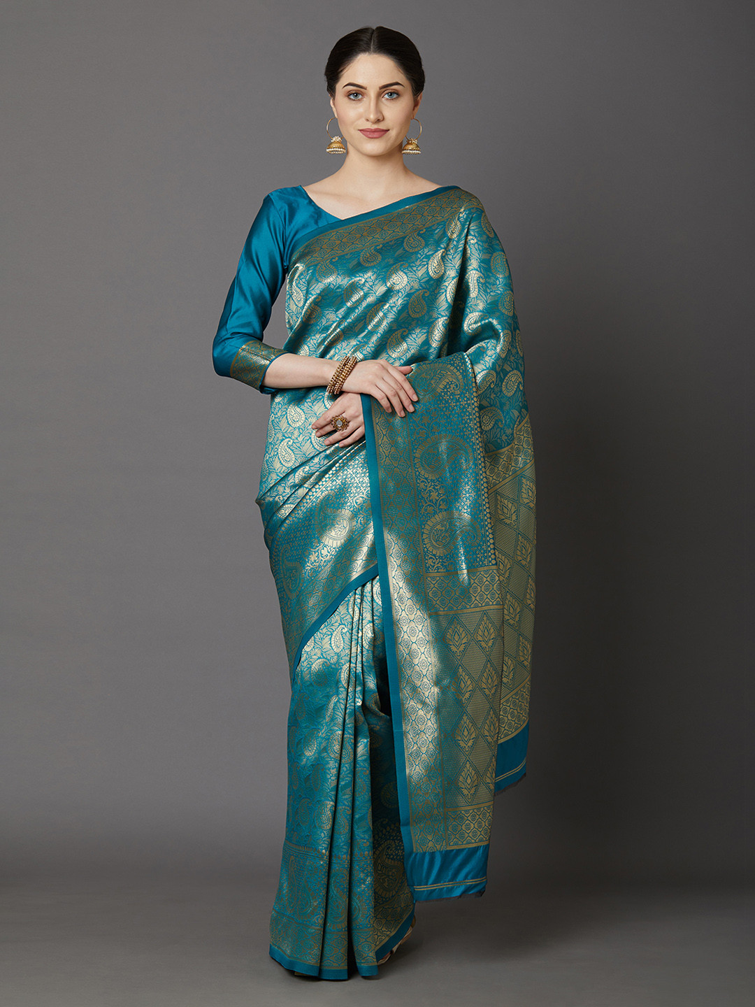 

Mitera Teal Blue & Golden Woven Design Banarasi Saree