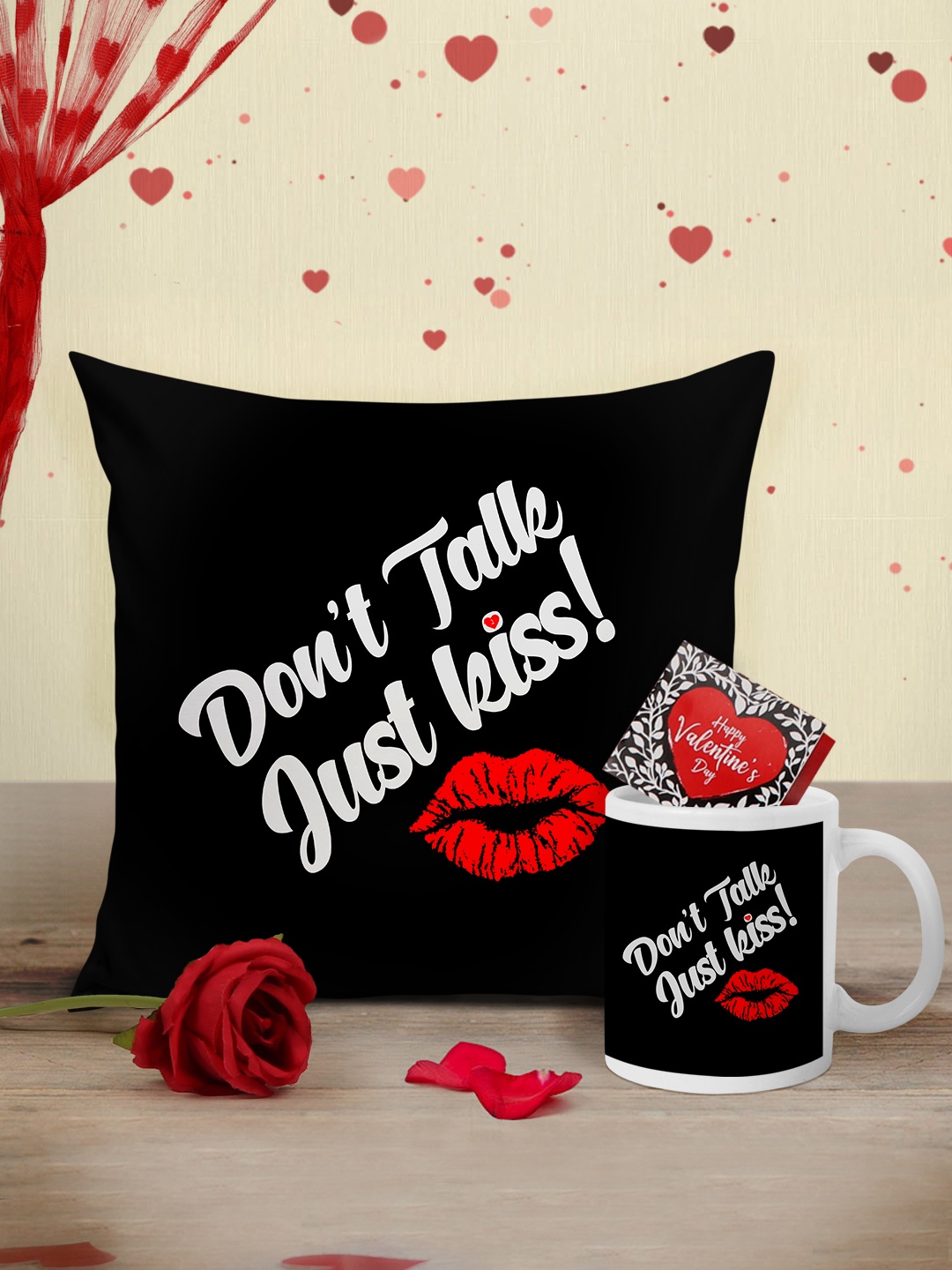 

Tied Ribbons Black & White Valentine Cushion with Mug, Rose and Mini Card