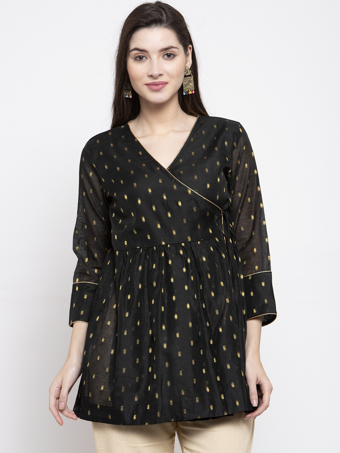 

Bhama Couture Women Black & Golden Self-Design Angrakha Tunic