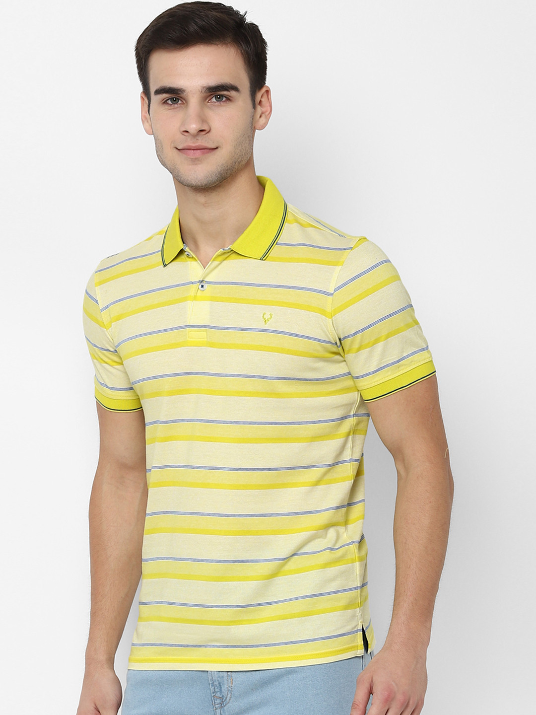 

Allen Solly Men Yellow Striped Polo Collar Pure Cotton T-shirt