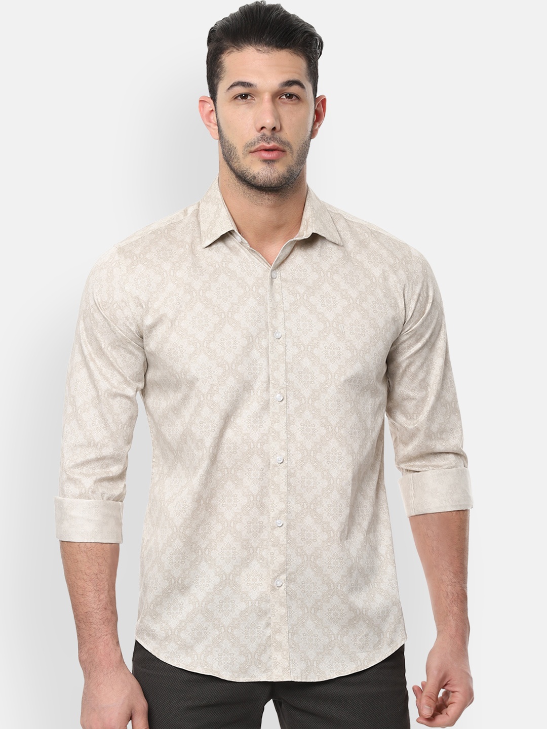 

V Dot Men Beige Slim Fit Printed Casual Shirt