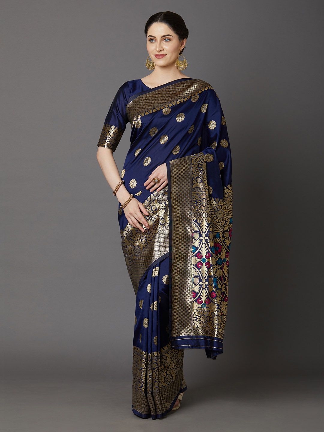

Mitera Navy Blue & Golden Woven Design Banarasi Saree
